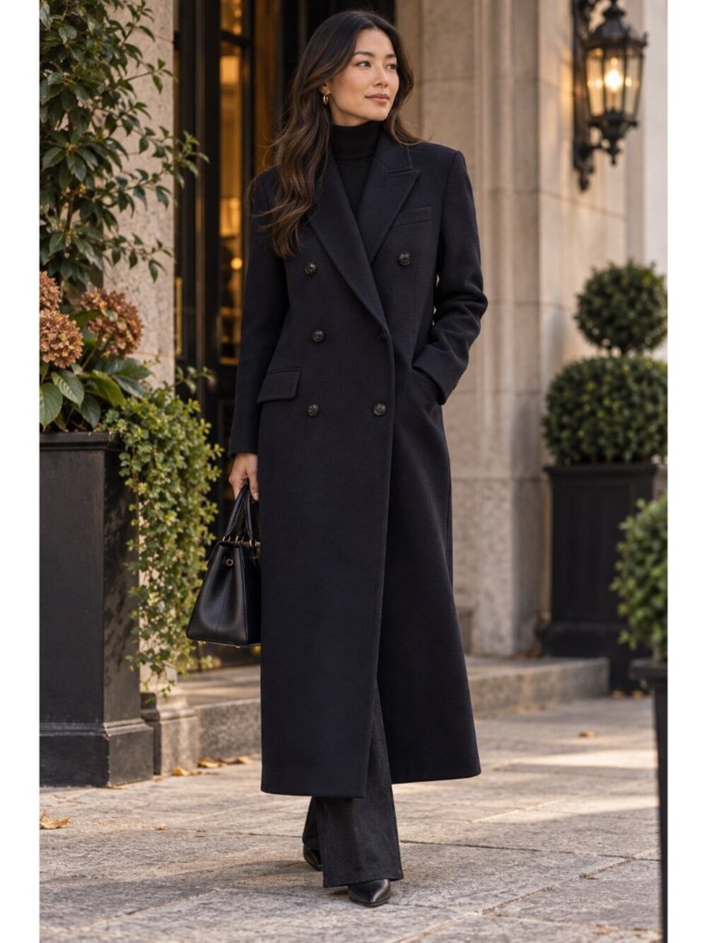 Reiss Women’s Dark Navy Wool Blend Double Breasted Maxi Long Coat